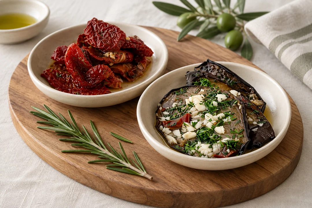 Servieridee mit Eingelegte Tomaten und Gegrillte Aubergine