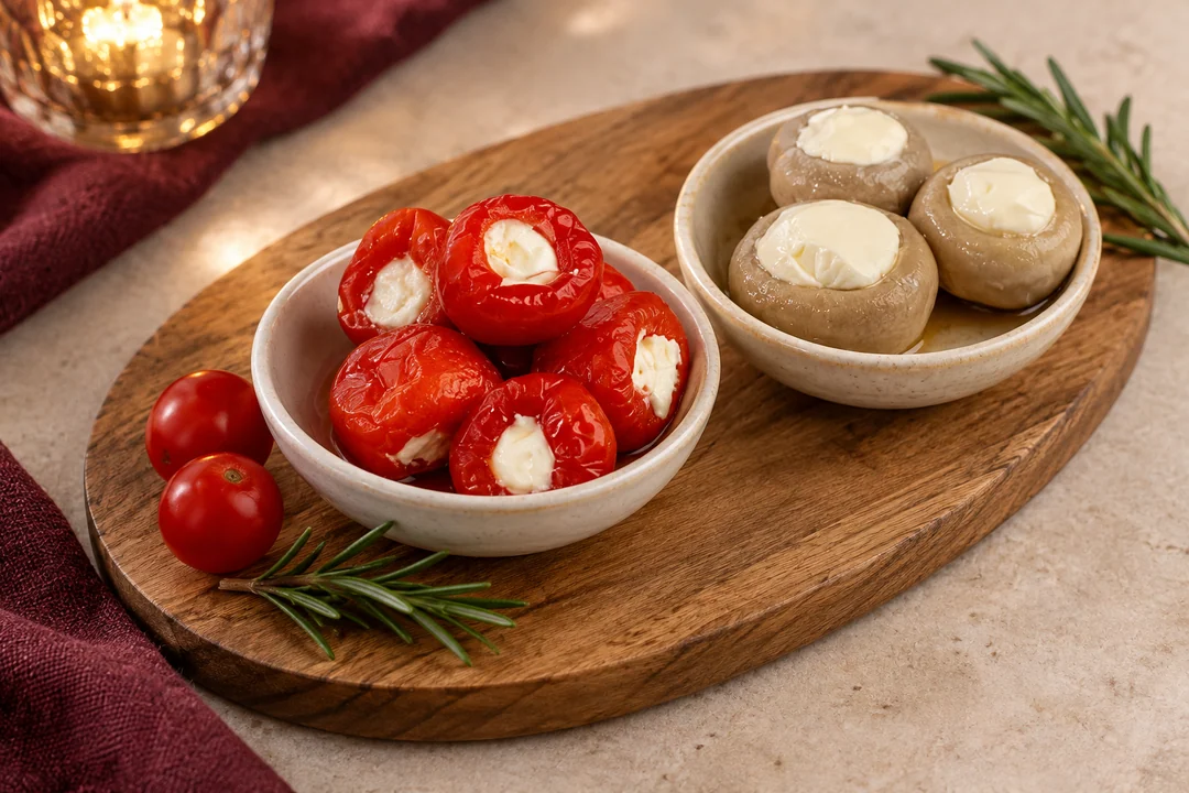 Servieridee mit Papadeu mit Frischkäse und Gefüllte Champignons
