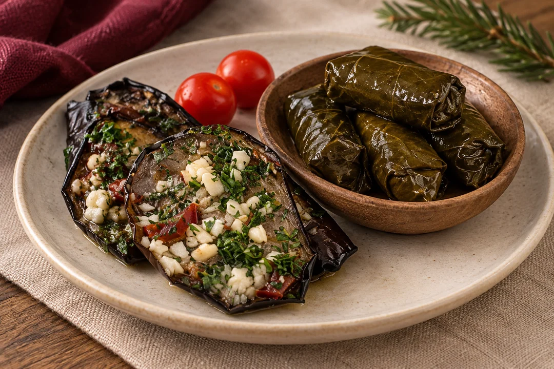 Servieridee mit Gegrillte Aubergine und Weinblätter