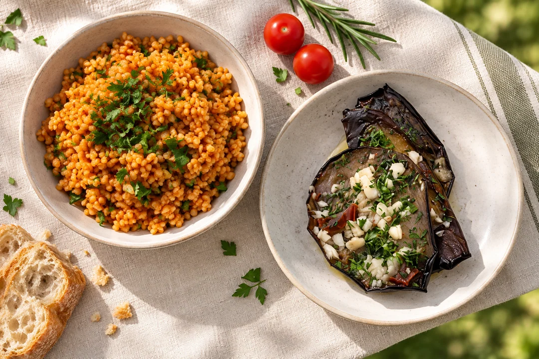 Servieridee mit Bulgursalat und Gegrillte Aubergine