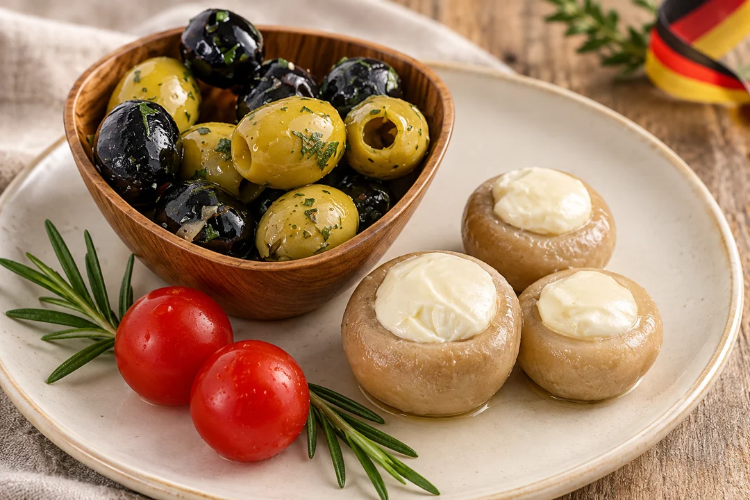 Servieridee mit Gemischte Oliven und Gefüllte Champignons