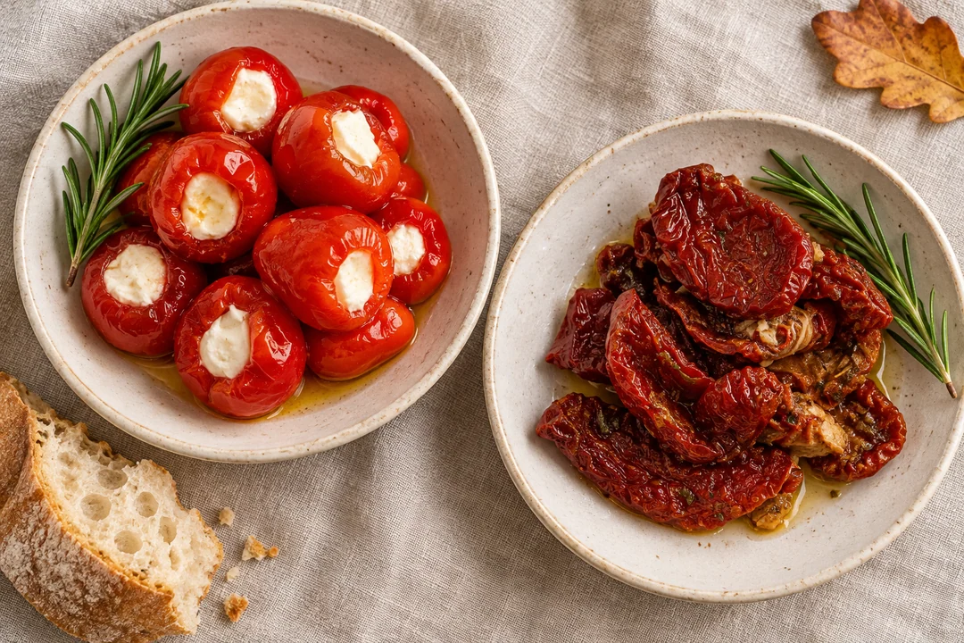 Servieridee mit Eingelegte Tomaten und Papadeu mit Frischkäse