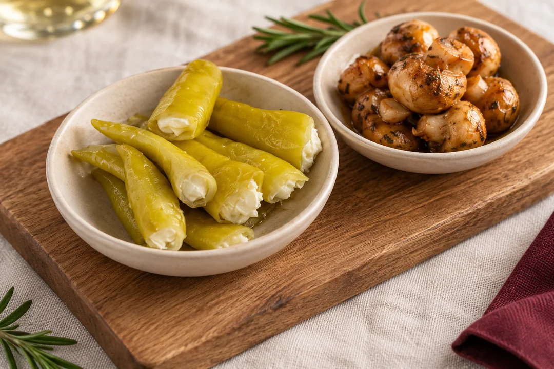 Servieridee mit Peperoni mit Frischkäse und Eingelegte Champignons