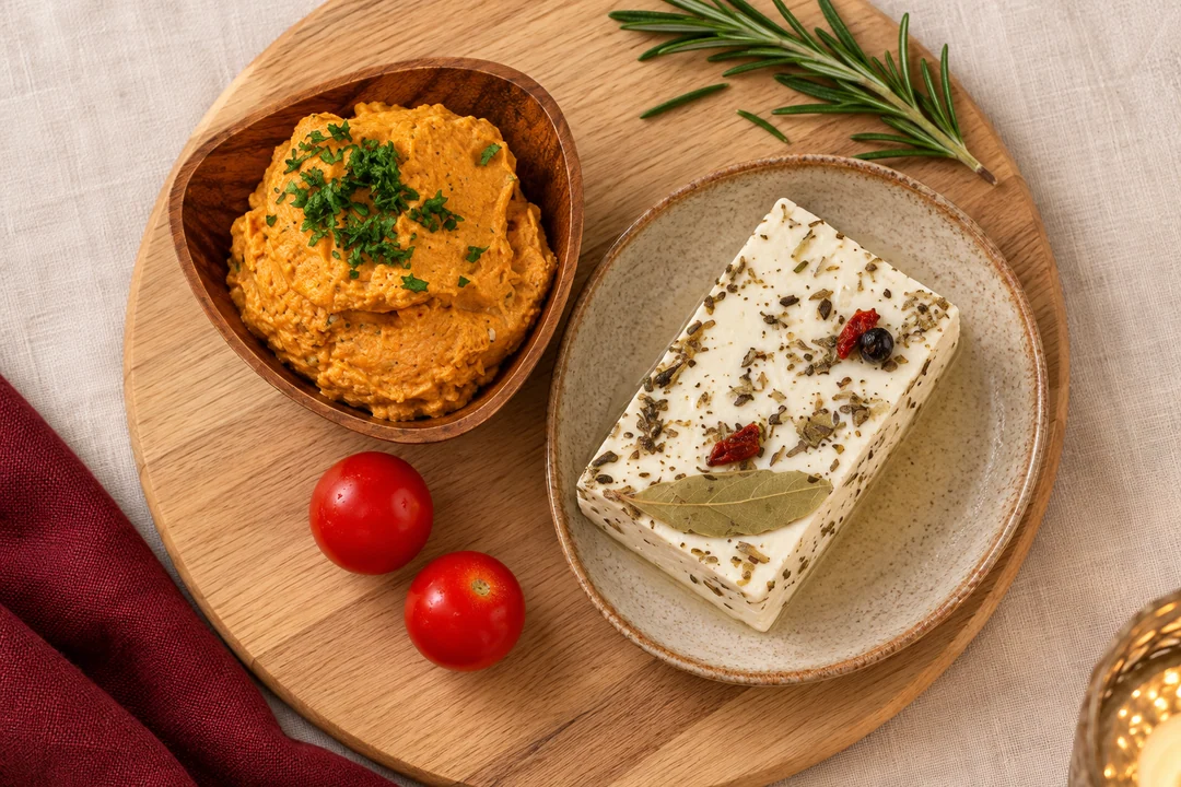 Servieridee mit Hot Käsezubereitung und Eingelegter Feta-Käse