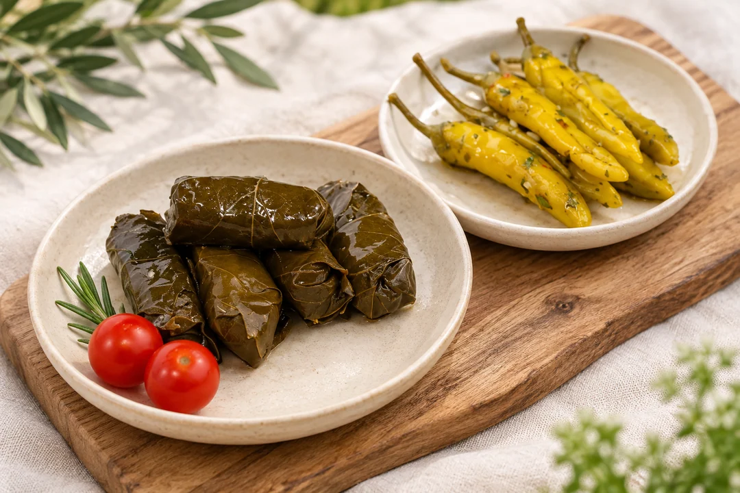 Servieridee mit Weinblätter und Eingelegte Peperoni