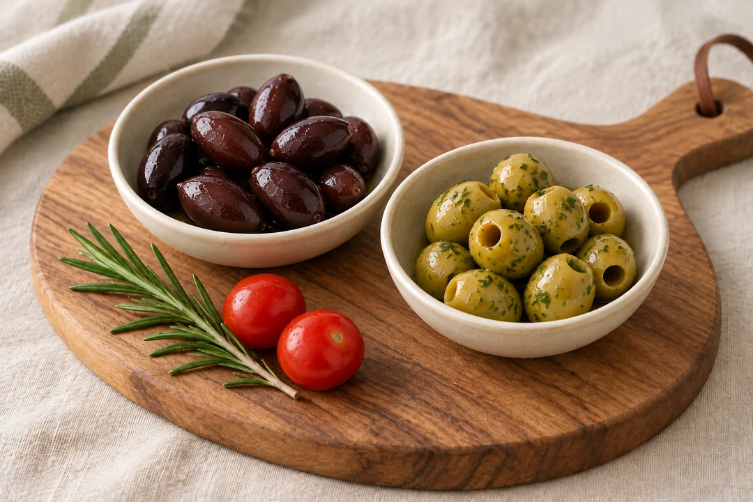 KI-generiertes Serviermotiv mit Kalamata-Oliven mit Kern und grünen Oliven ohne Kern in zwei Keramikschalen
