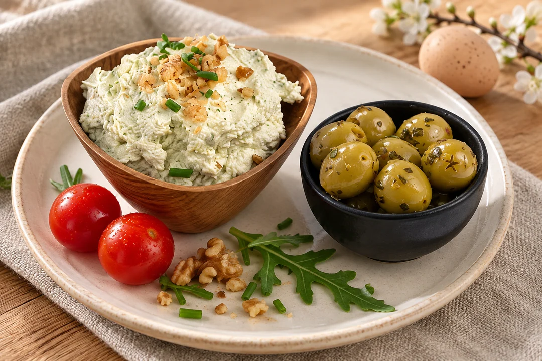Servieridee mit Frischkäse Rucola & Walnuss und Grüne Oliven ohne Kern