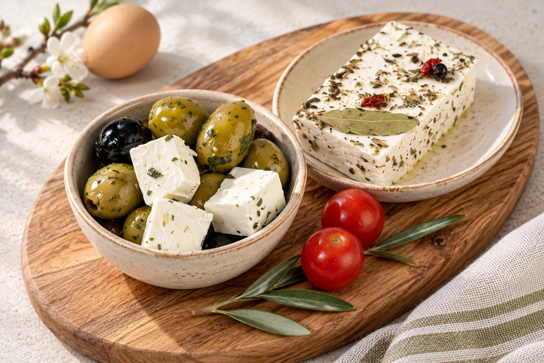 Servieridee mit Oliven-Käse-Salat und Eingelegter Feta-Käse