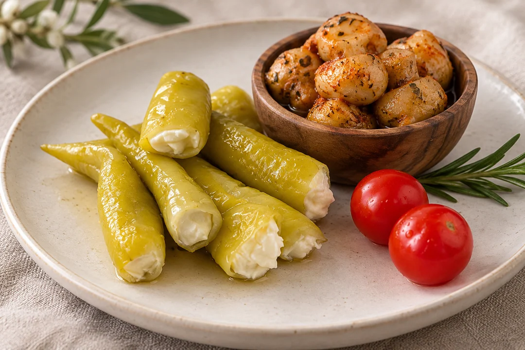 Servieridee mit Peperoni mit Frischkäse und Eingelegte Champignons