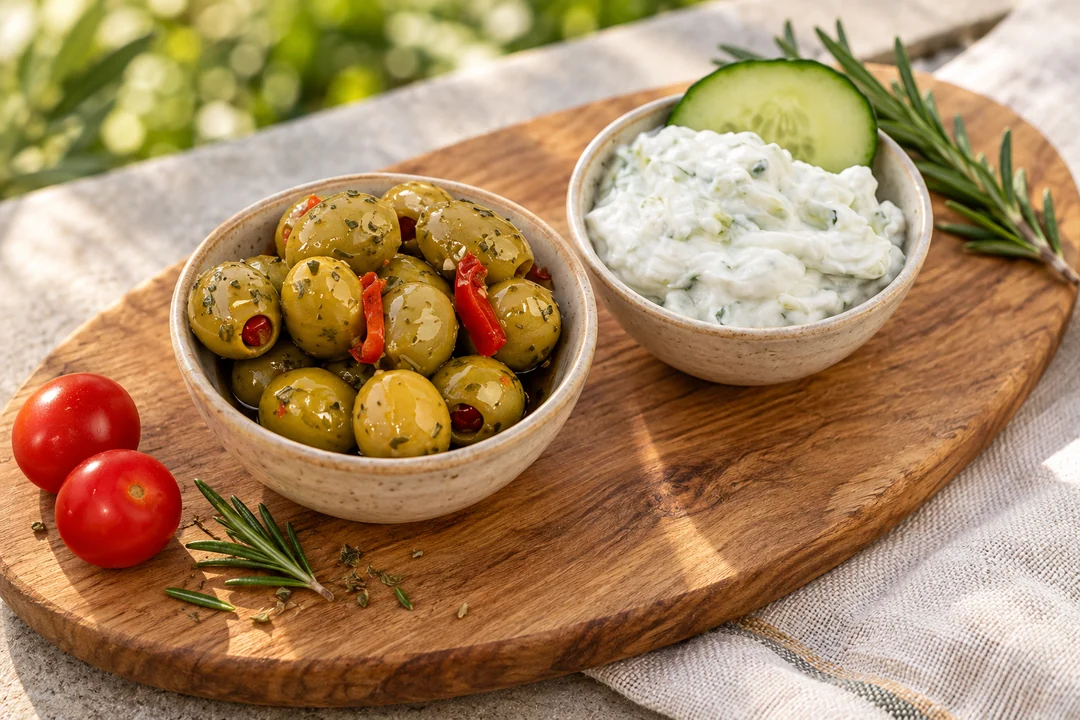 Servieridee mit Grüne Oliven mit Paprika und Zaziki griechischer Art