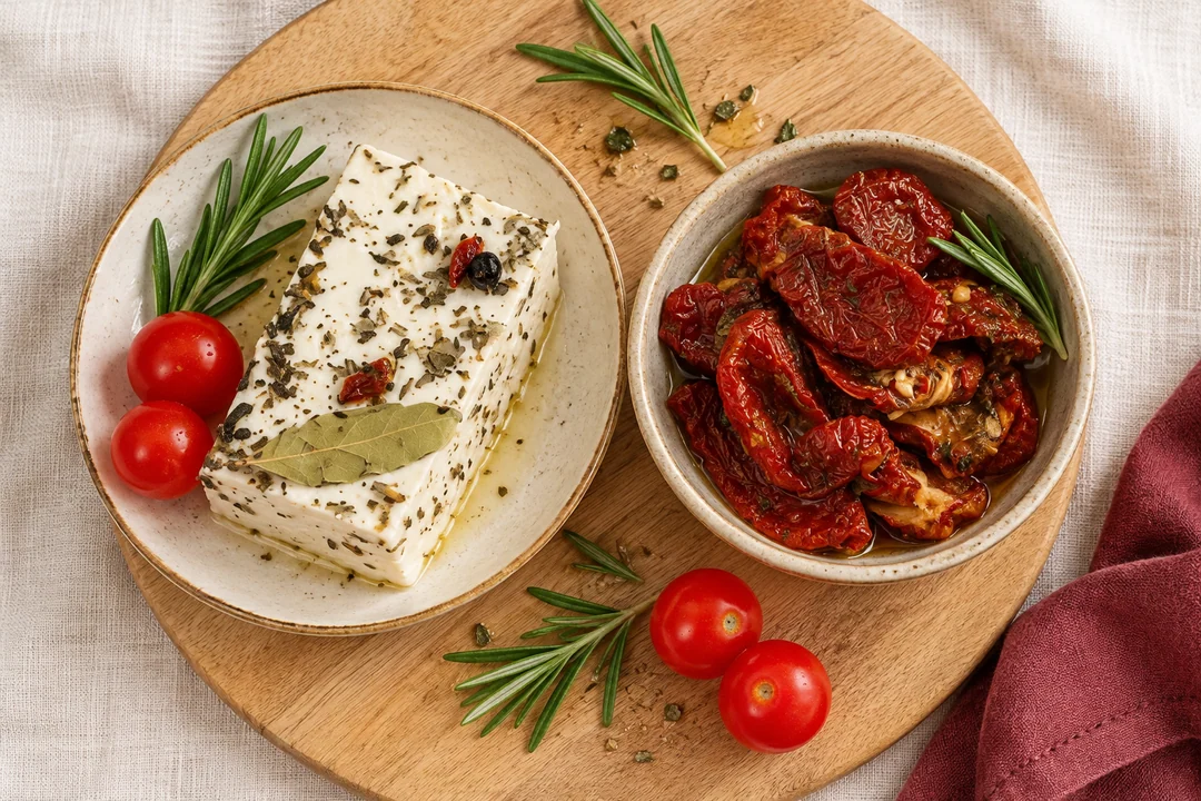 Servieridee mit Eingelegter Feta-Käse und Eingelegte Tomaten